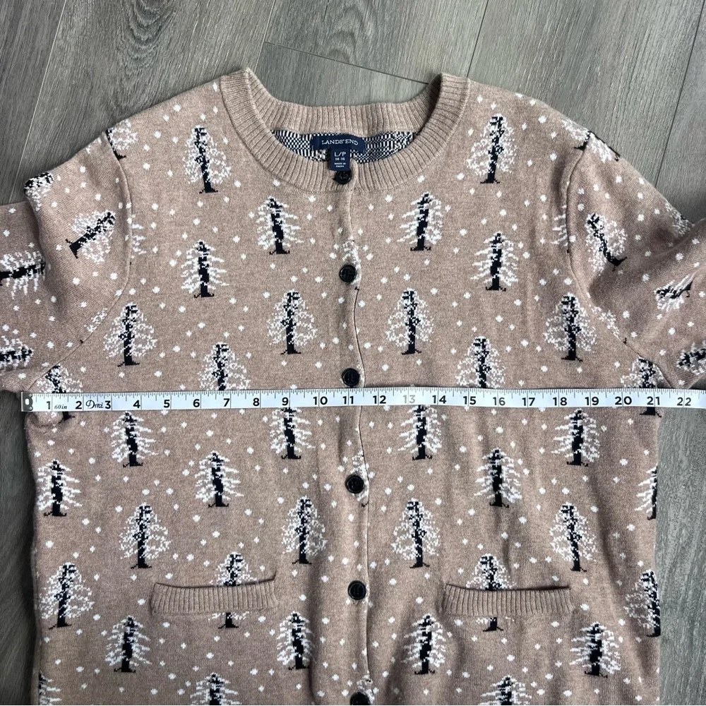 Vintage Lands End Womens Size LP Snow Tree All Over Print Knit Cardigan Sweater - Picture 8 of 9